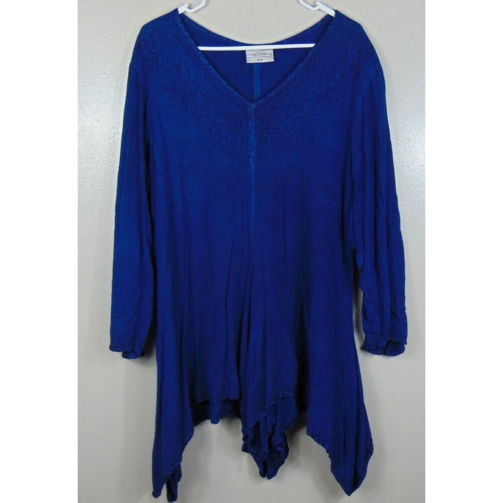 Holy Clothing Tunic Top Plus Size 2X Blue Asymmetrical Embroidered Renaissance